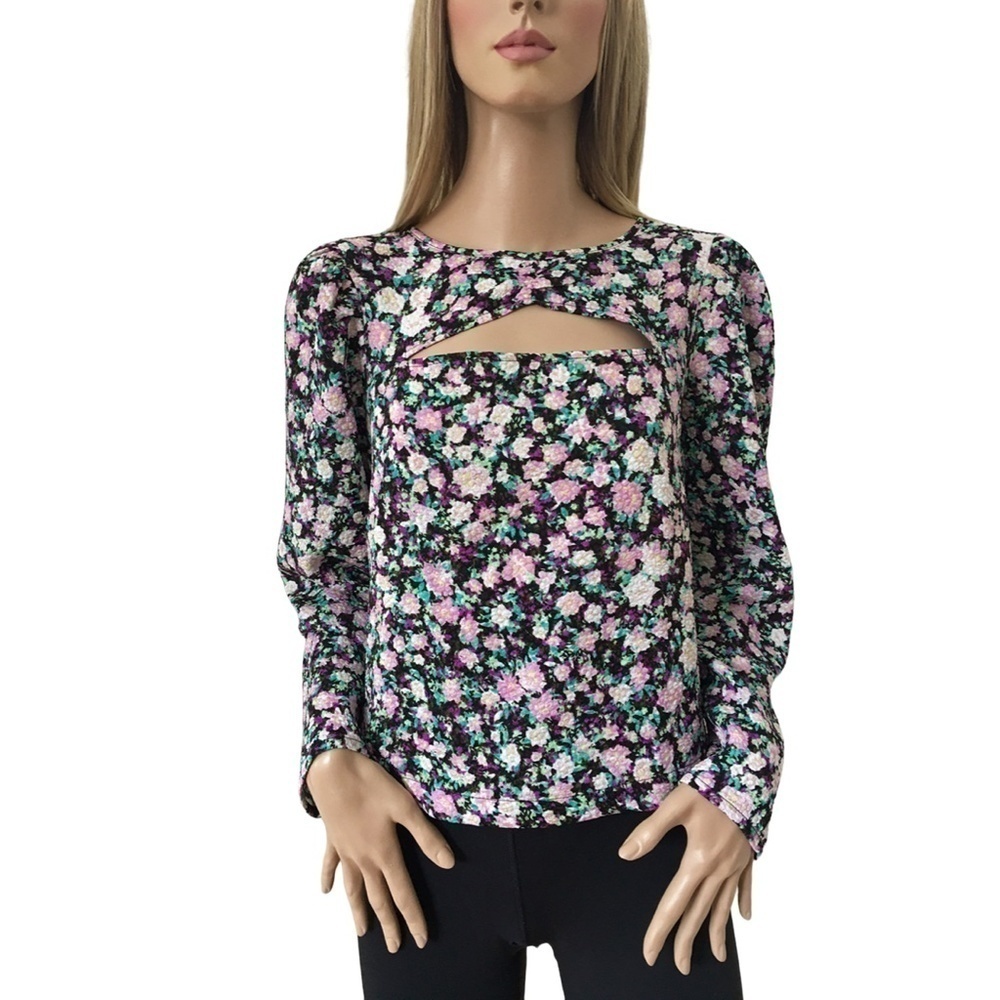 VERO MODA Floral Blouse Top Shirt Keyhole Cut Out Front Long Sleeve NWOT
